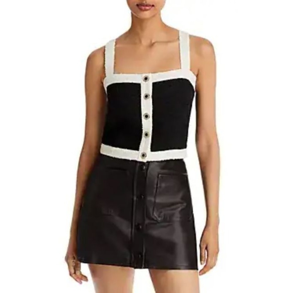 Belle by Belldini Women's Sleeveless Button Front Crop Top in Black/White Large